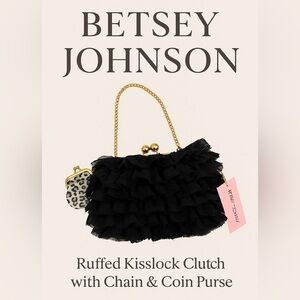 Betsey Johnson Black Ruffle Kisslock‎ Clutch w/ Chain & Coin Purse NWT Vintage